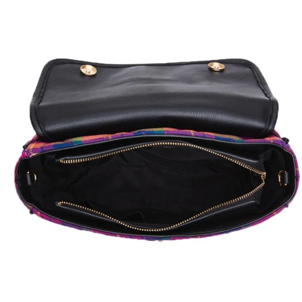 Betsey Johnson Pretty & Punk Plaid Studded Flap Satchel, Pink Multi